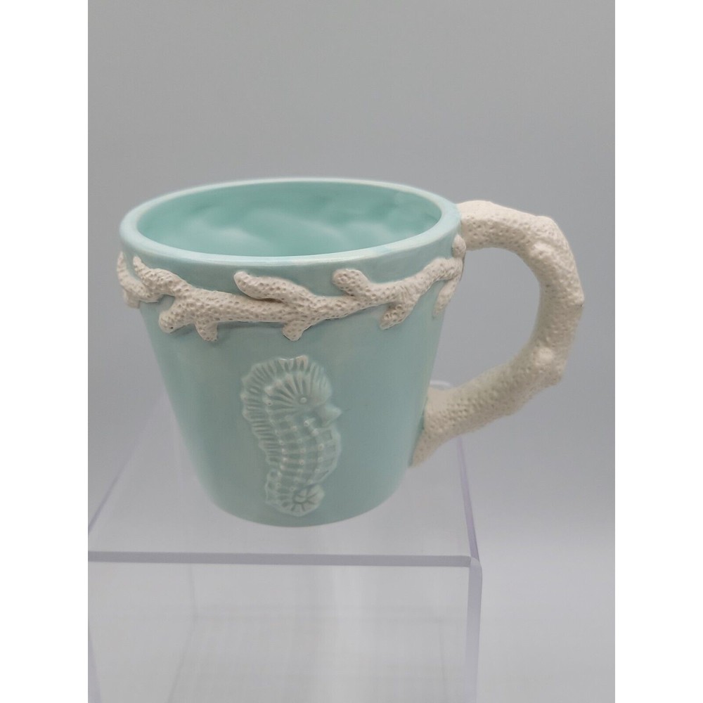 "Mud Pie" Coffee/Tea Cup Seafoam seahorse & White Coral Design